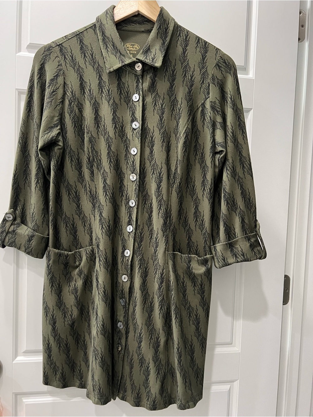 Blue Sky brand - Olive Green Button-Front Shirt Dress with Pine Tree print